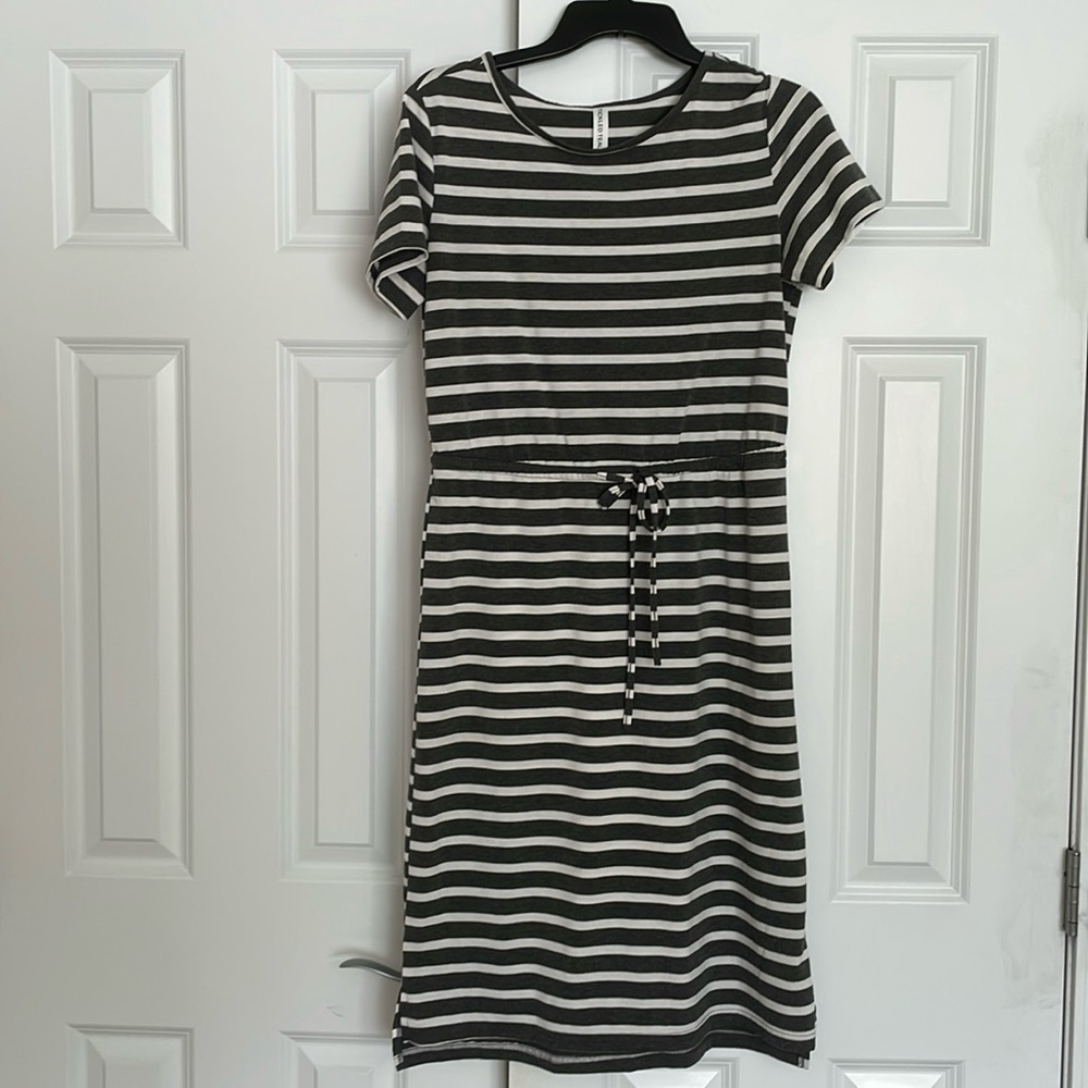 Tickled Teal grey & white stripe dress Juniors size M